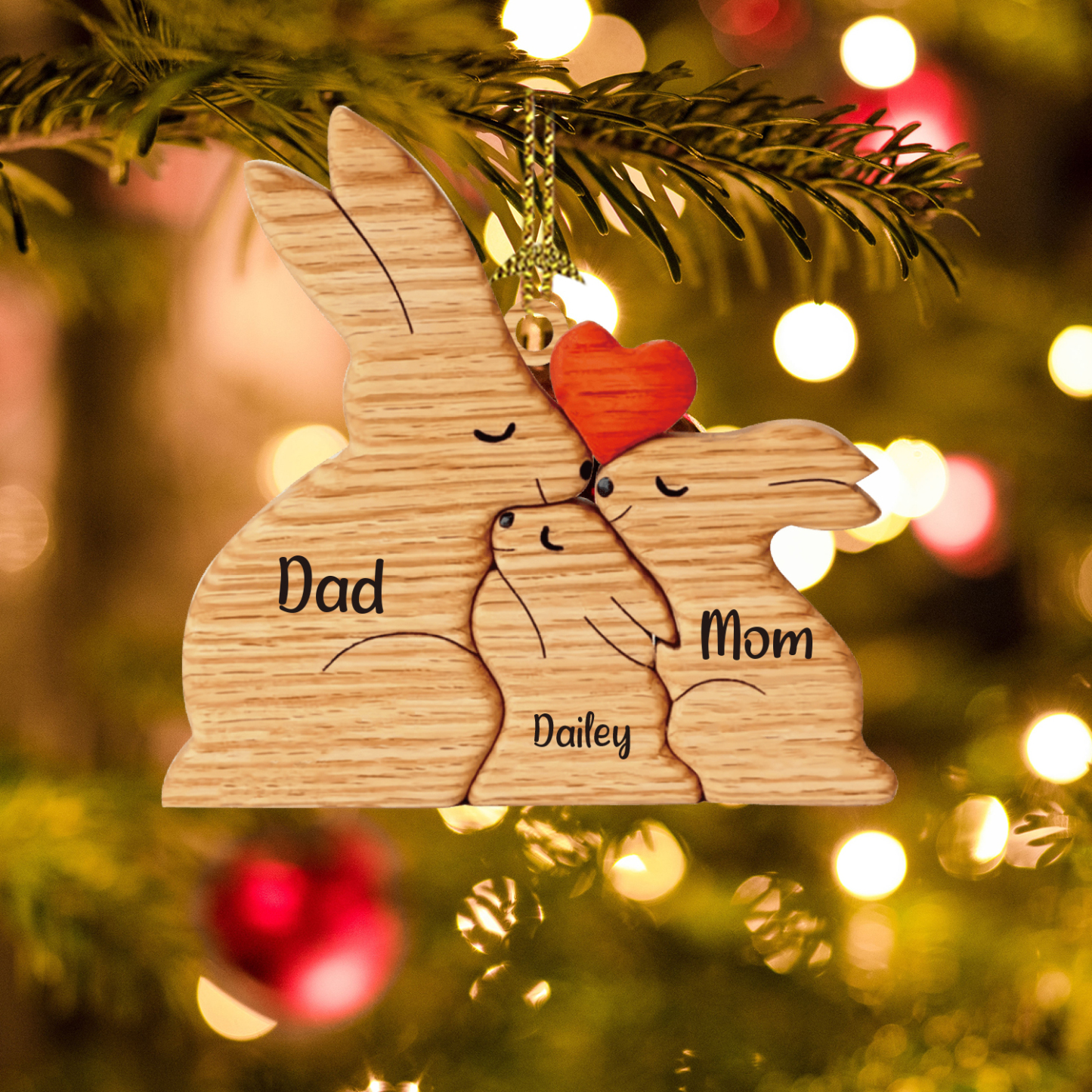 Navidad-Ornamento muñecos navideño de madera familia de conejos 3 nombres personalizados adorno del árbol-Jessemade ES