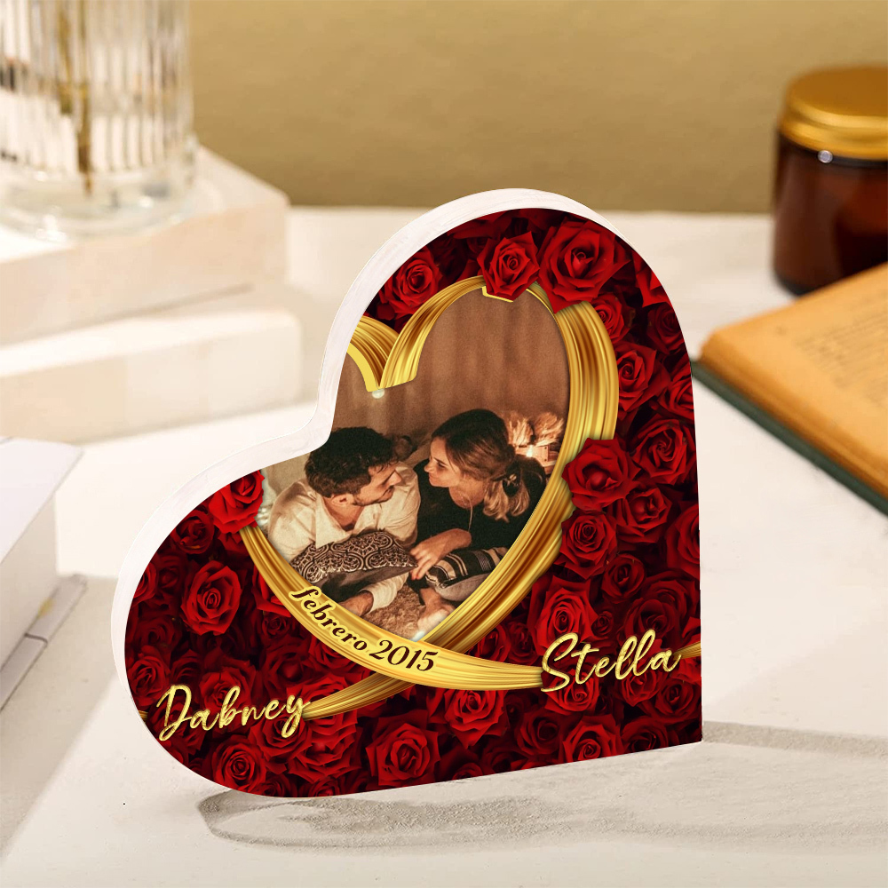 Placa de acrílico en forma de corazón con fecha, 2 nombres y foto personalizados-Jessemade ES