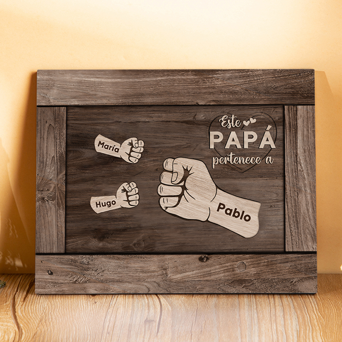 A mi papá - Lámina marco de madera puño con puño 3 nombres personalizados-Jessemade ES