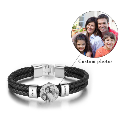 Pulsera de Dobles Cueros Aros Personalizados de 2-4 Nombres y Placa de Foto-Jessemade ES