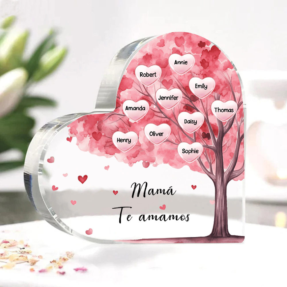 A mi mamá/abuela-Placa de acrílico "Árbol" en forma de corazón 10 nombres y 1 texto personalizados-Jessemade ES
