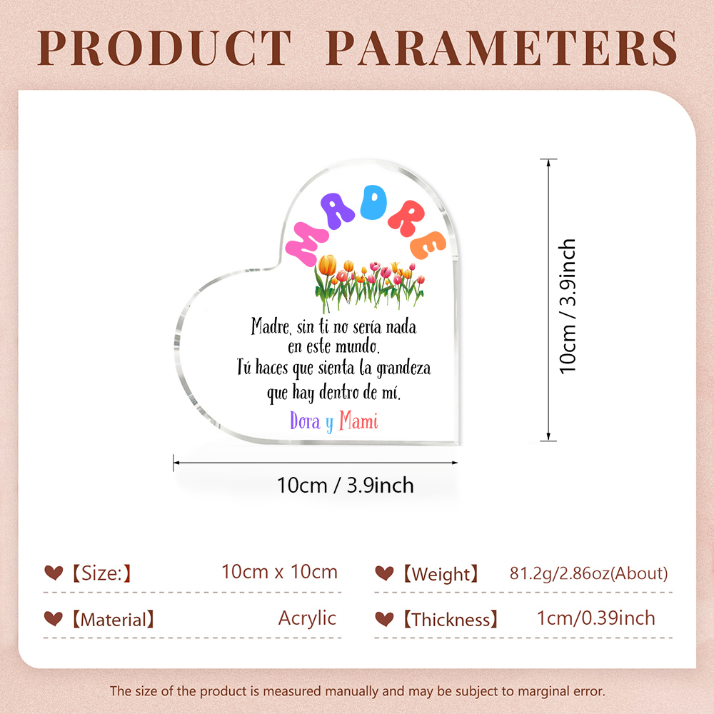 A mi mamá-Placa de acrílico en forma de corazón con frases amorosos 1 texto personalizado-Jessemade ES
