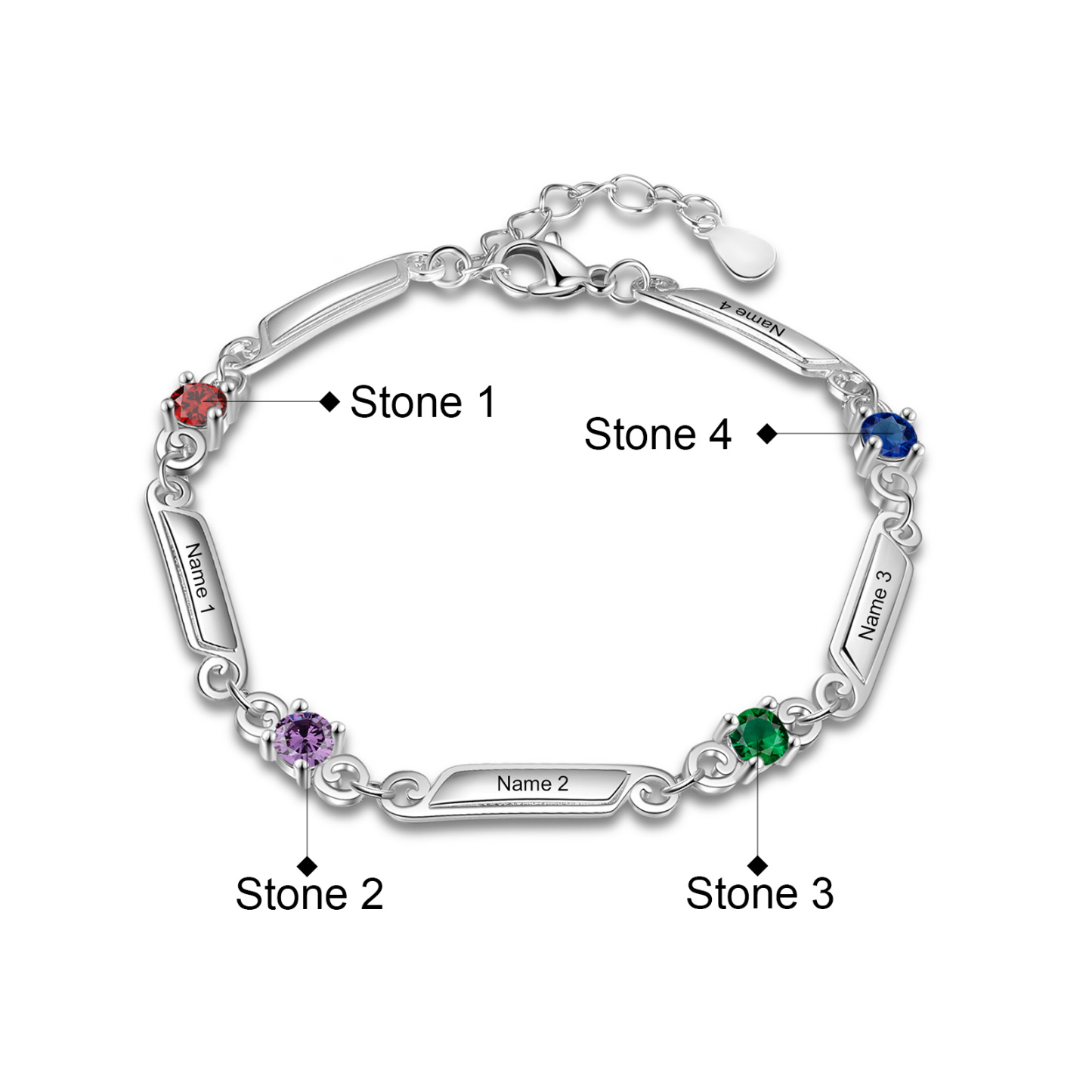 Pulsera de lazos y placitas personalizada de 4 nombres con 4 piedras de nacimiento-Jessemade ES