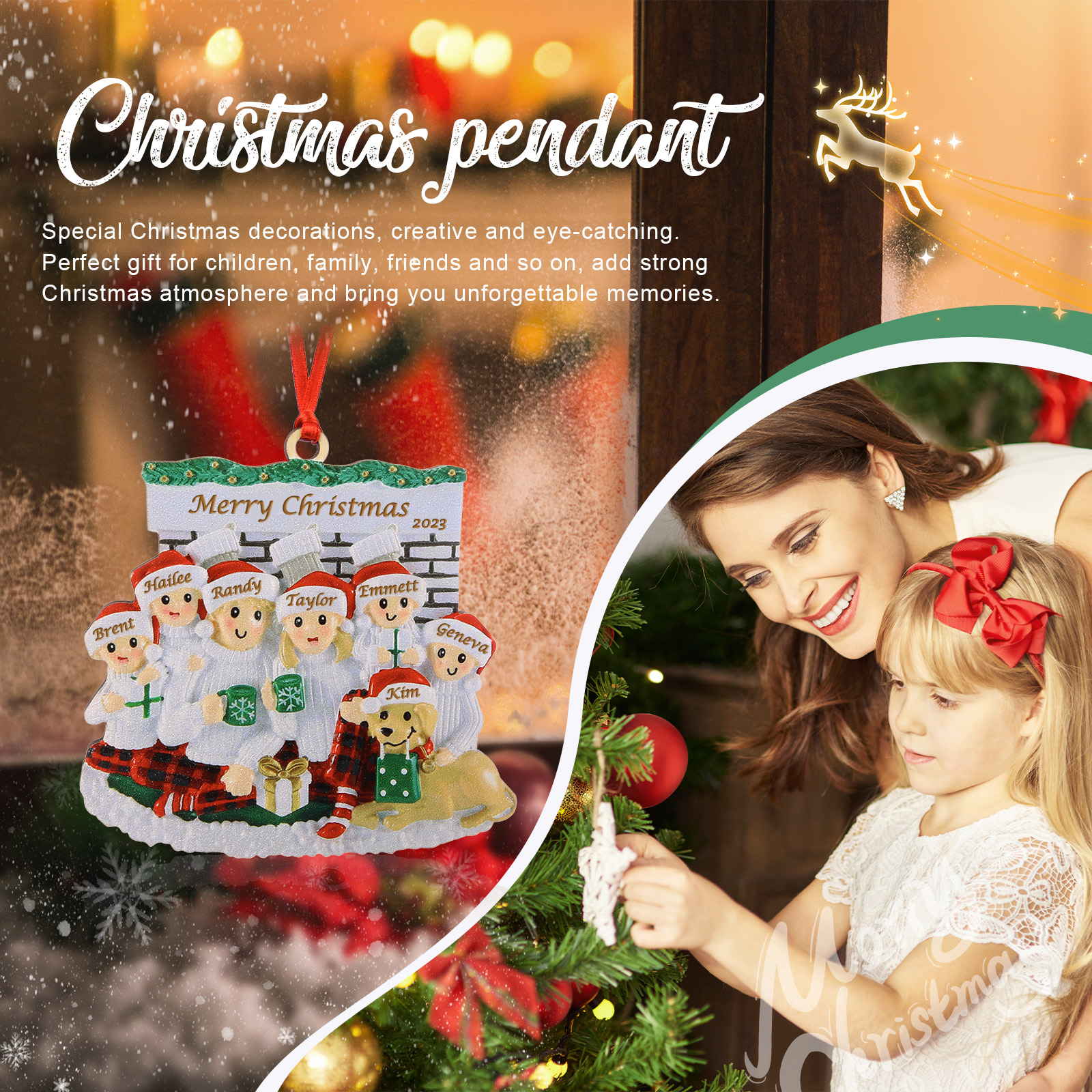 Navidad-Muñecos Ornamentos Navideños Familia con Perro 7 Nombres, Año y Texto Personalizados Adorno de Madera-Jessemade ES