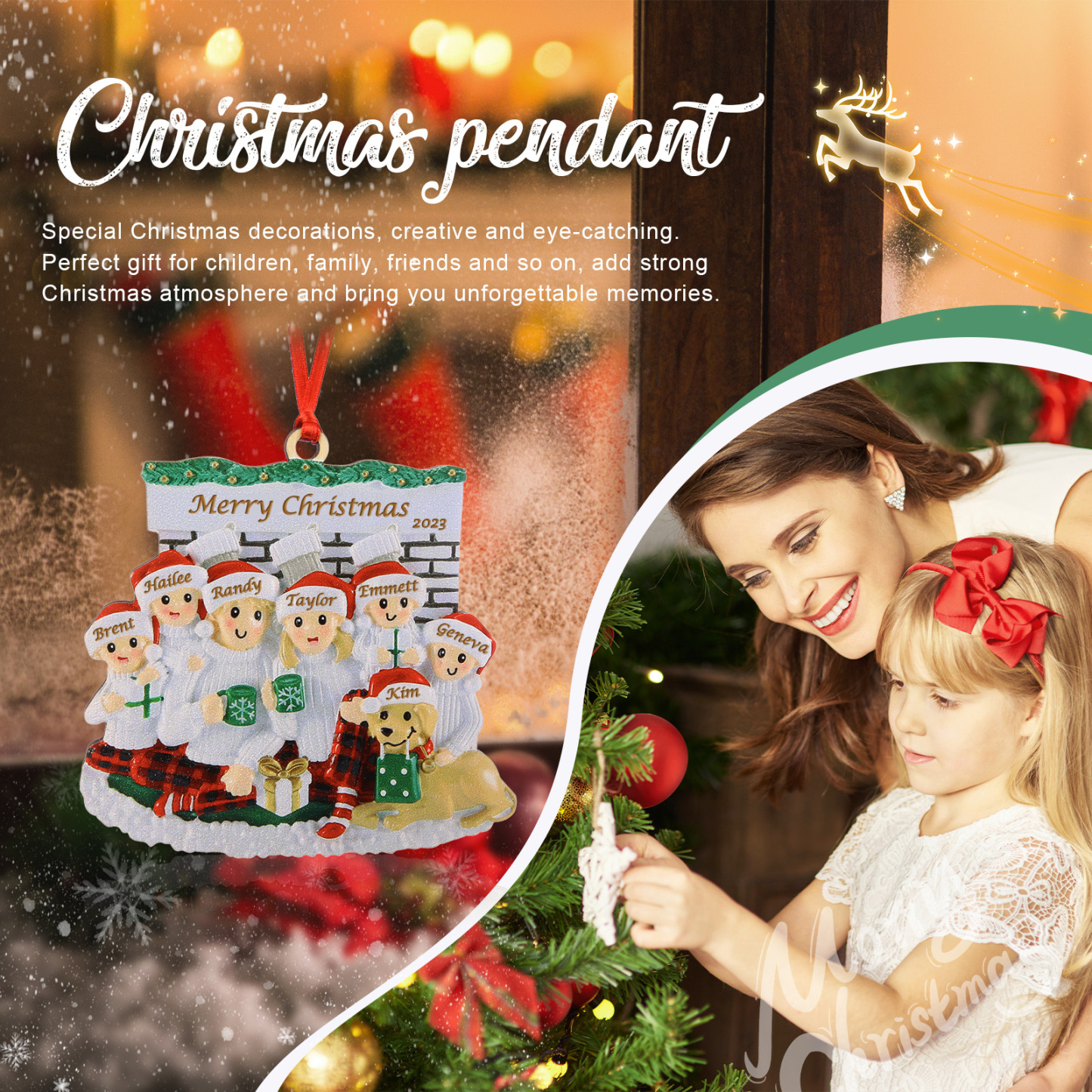 Navidad-Muñecos Ornamentos Navideños Familia con Perro 7 Nombres, Año y Texto Personalizados Adorno de Madera-Jessemade ES