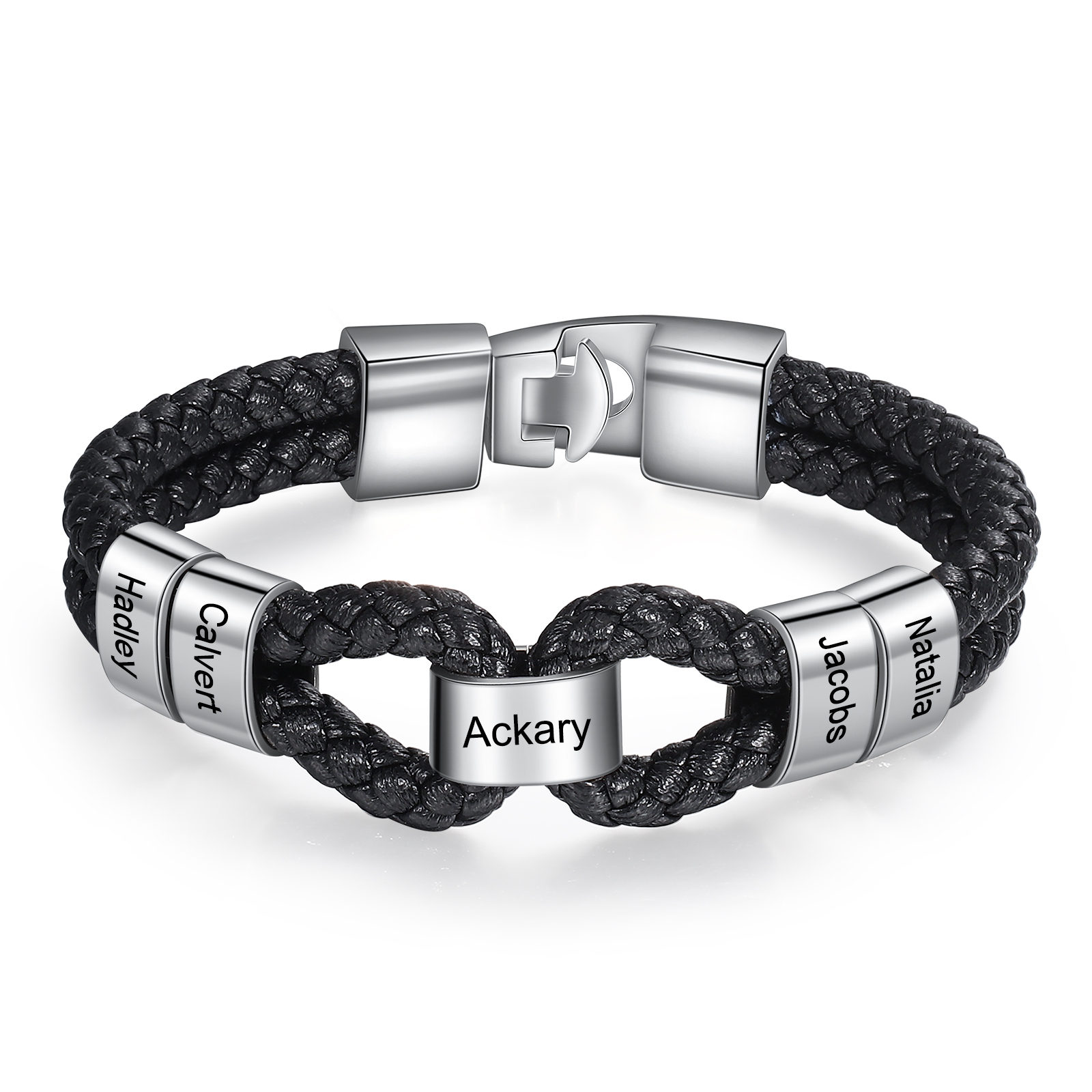 Pulsera 1-7 Nombres Personalizados de Cuero Trenzado con Aros-Jessemade ES