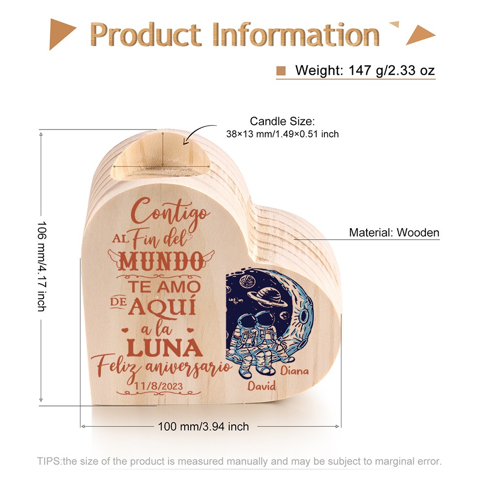 Aniversario-Candelero de madera para pareja con texto amoroso y luna sin vela personalizado con nombres y fecha-Jessemade ES