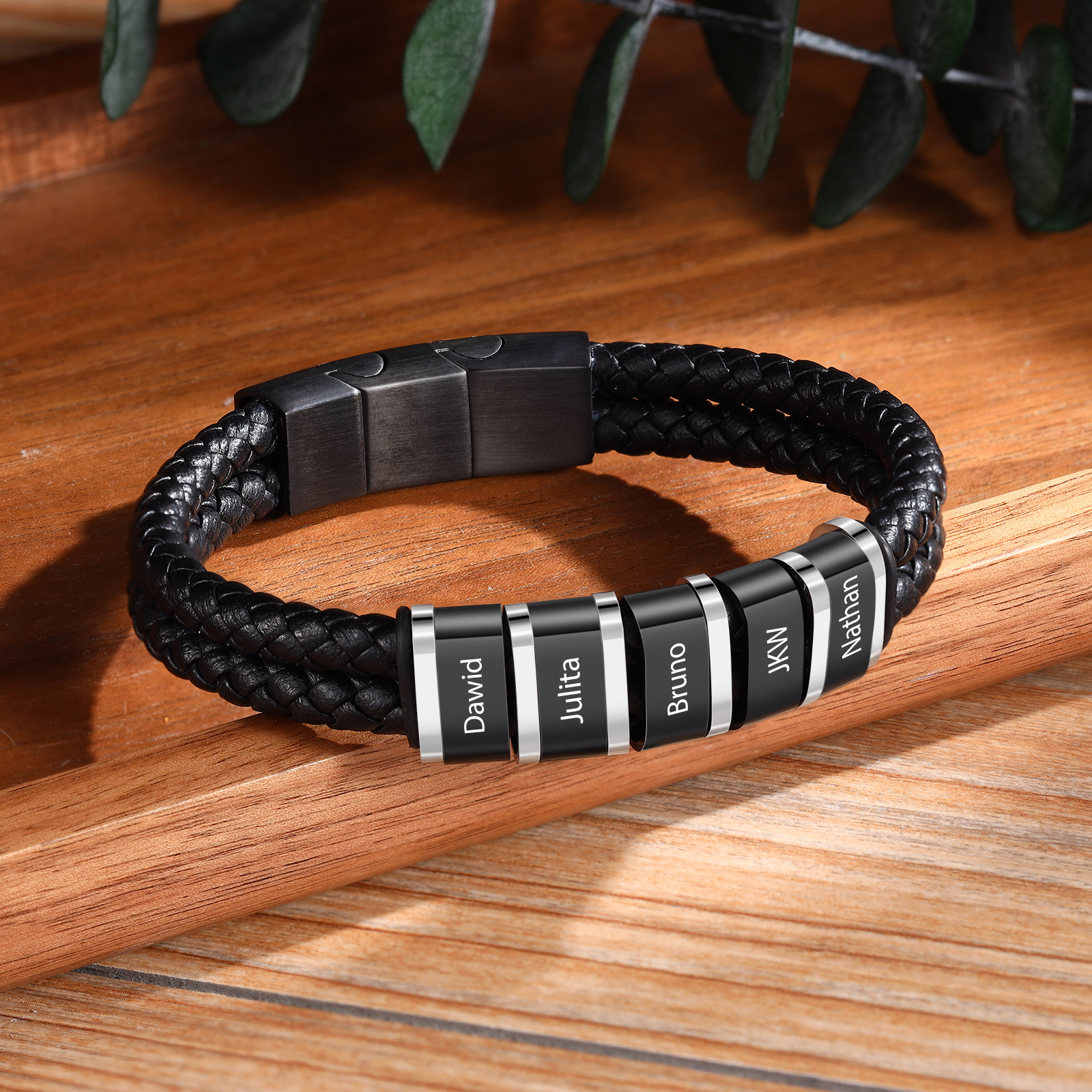 Pulsera de cuero trenzado con 1-5 nombres personalizados para hombre-Jessemade ES