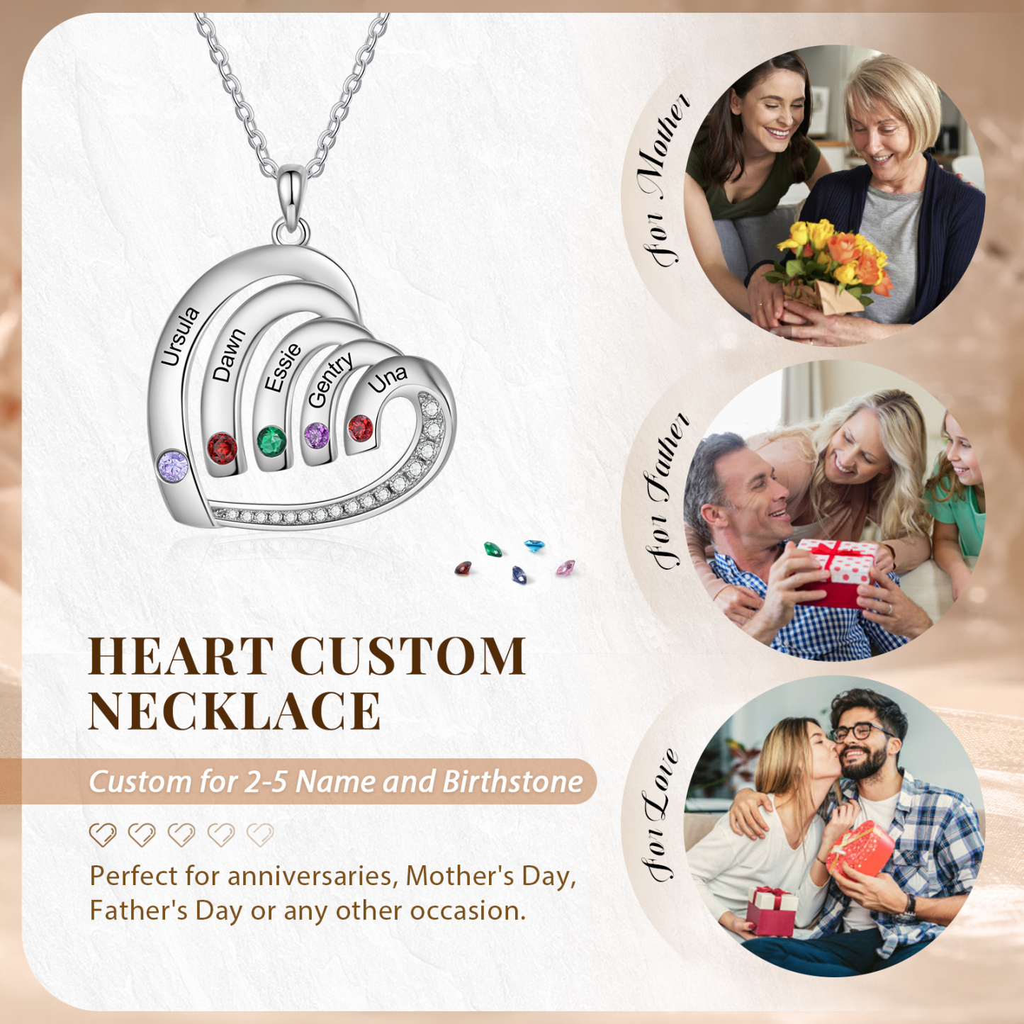 Collar en corazón con 2-5 nombres personalizados y 2-5 piedras de nacimiento-Jessemade ES