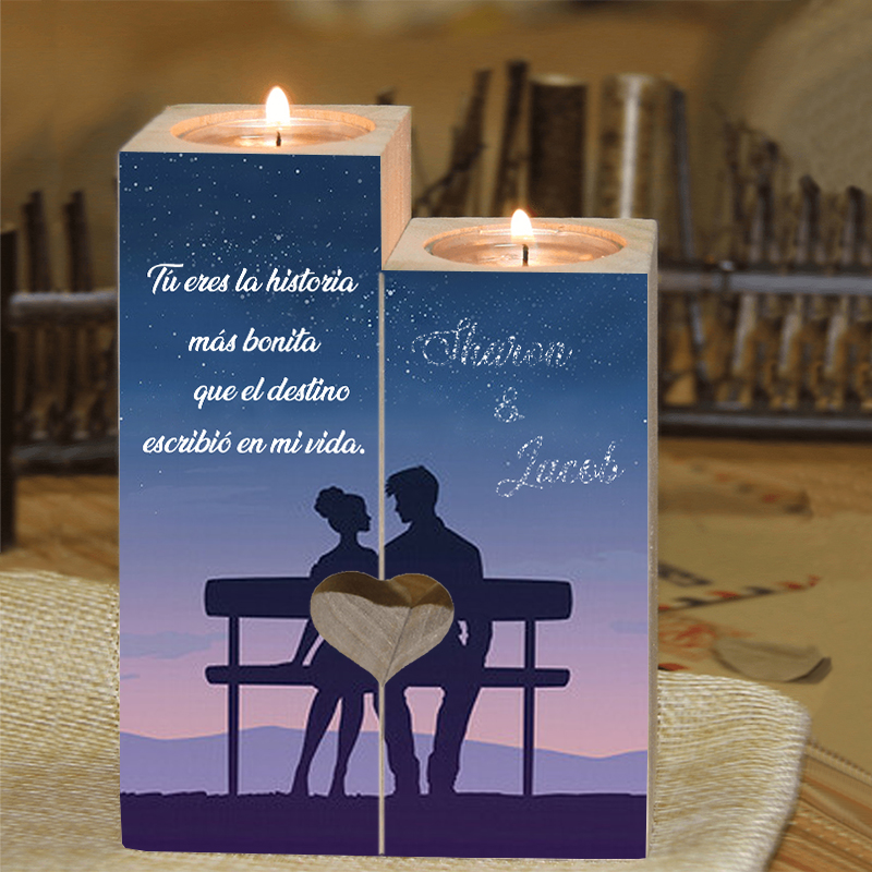 Candelero para pareja de madera de dos piezas sin candela con 2 nombres personalizados-Jessemade ES