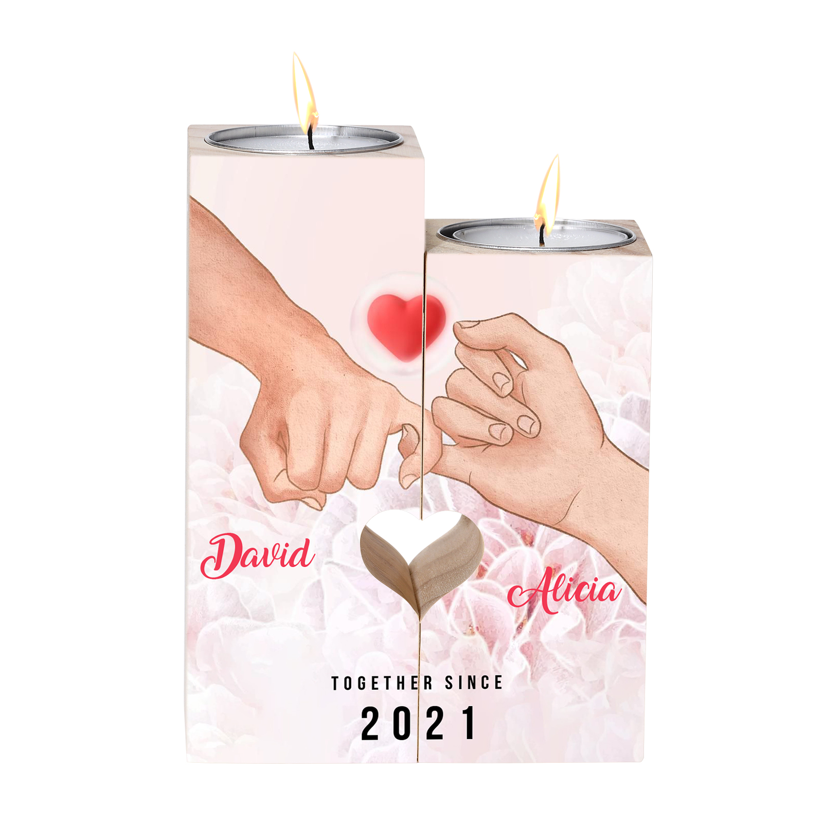 Candelero de dedos cogidos para pareja de madera de dos piezas sin candela con 2 nombres y texto personalizados y año-Jessemade ES