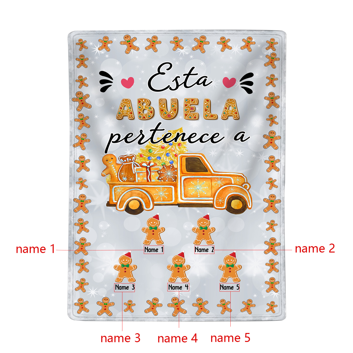 A mi abuela-Manta de buen calidad de Navidad hombres de jengibre personalizada con 5 nombres-Jessemade ES