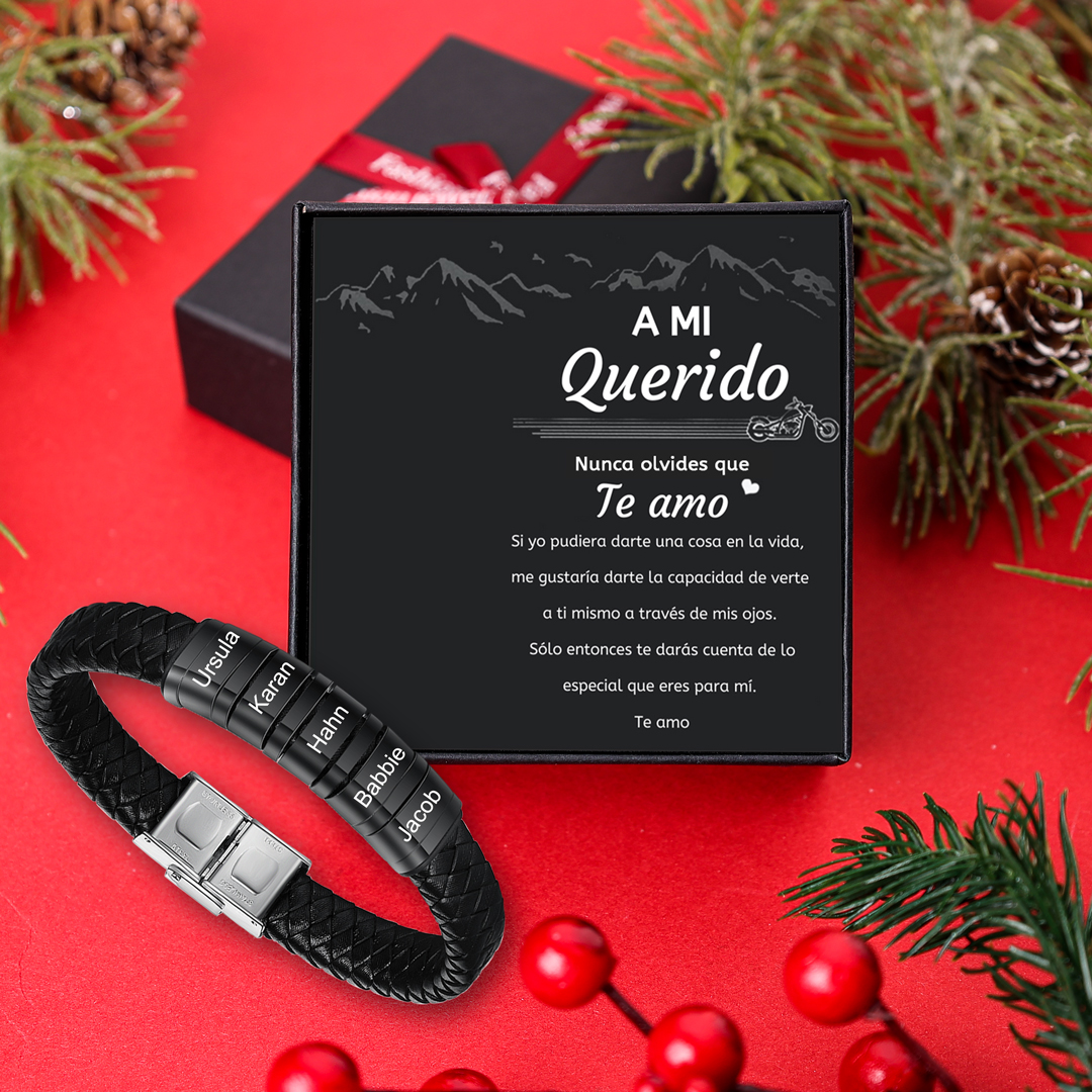 A mi querido-Pulsera de cuero trenzado de hombre con 5 perlas personalizadas con 5 nombres-Jessemade ES