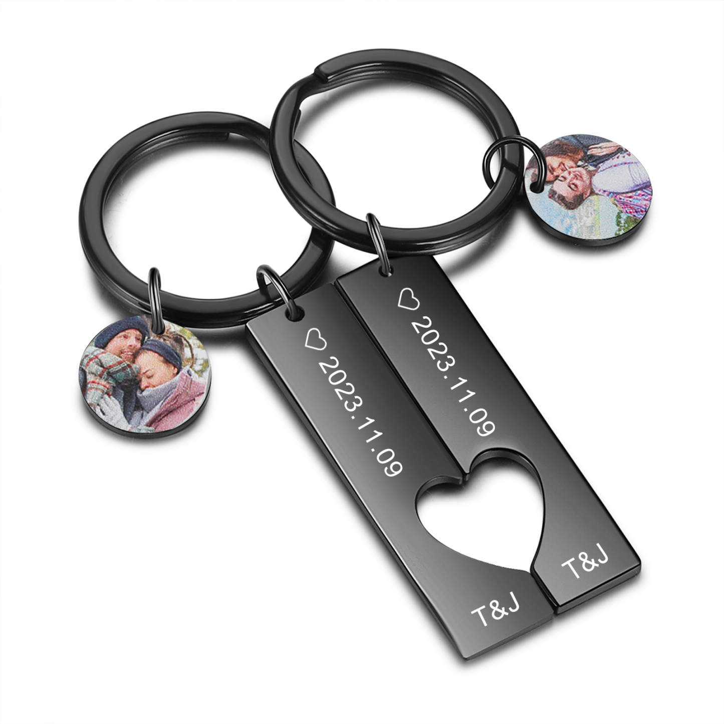 Llavero para pareja corazón encajado 2 letras personalizadas con fecha dije de foto-Jessemade ES