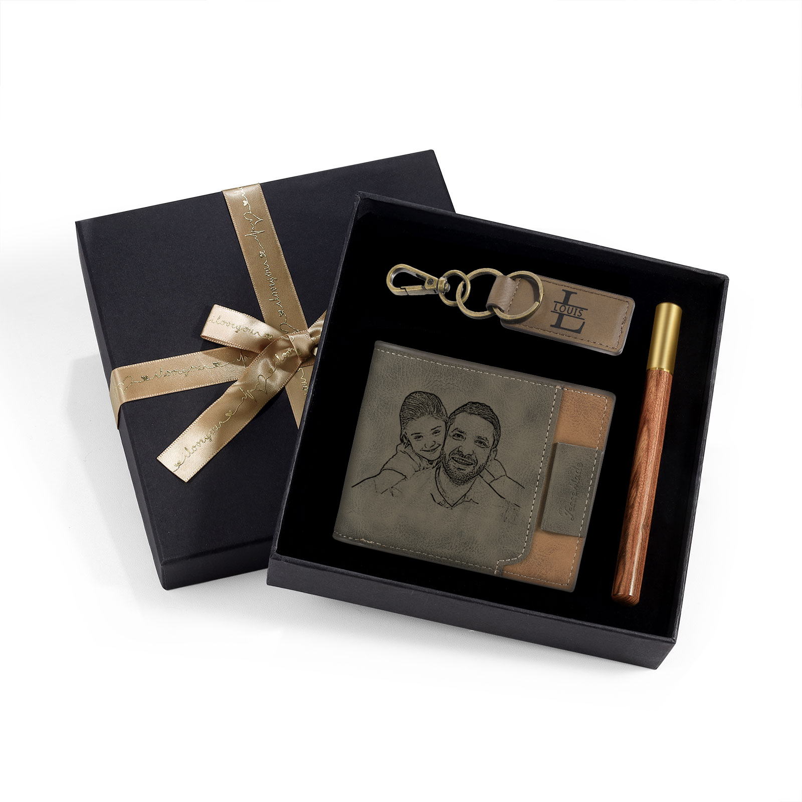 Kit de regalo-Llavero, cartera y bolígrafo con 2 nombres y 2 letras personalizados con foto para hombre-Jessemade ES