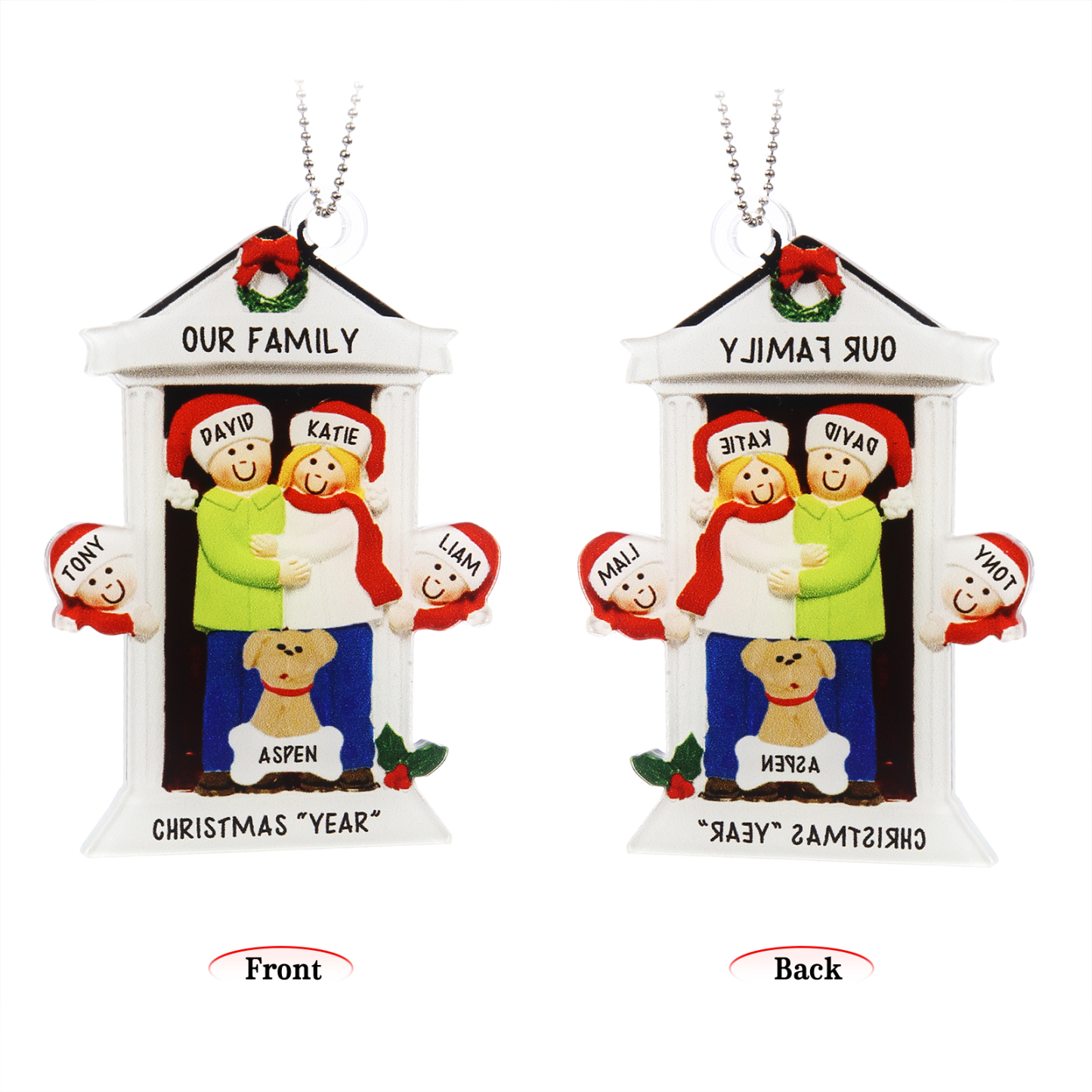 Navidad-Ornamentos Navideños de Acrílico Familia en Puerta con Perro 5 Nombres Personalizados con 2 Textos-Jessemade ES