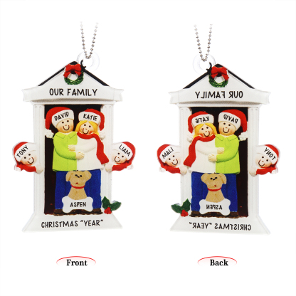 Navidad-Ornamentos Navideños de Acrílico Familia en Puerta con Perro 5 Nombres Personalizados con 2 Textos-Jessemade ES