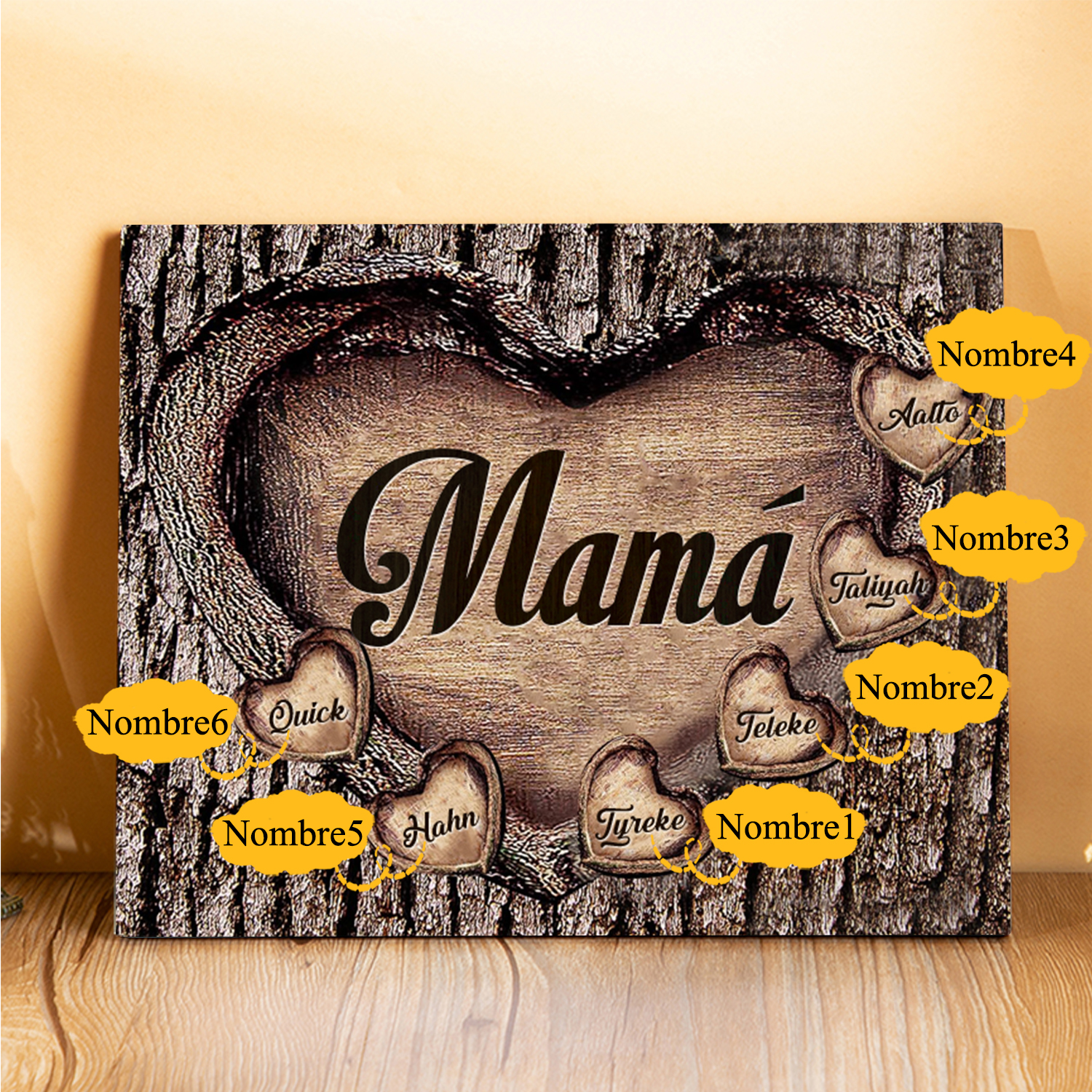 A mi mamá-Lámina marco de madera para mamá personalizado con 6 nombres-Jessemade ES