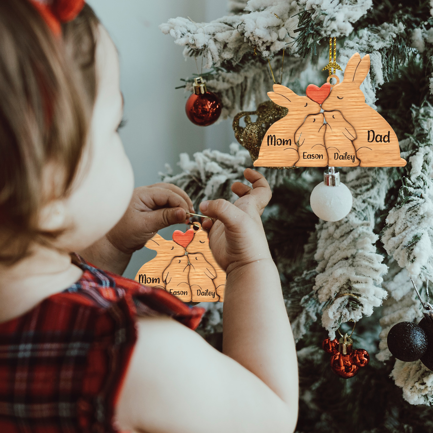Navidad-Ornamento muñecos navideño de madera familia de conejos 4 nombres personalizados adorno del árbol-Jessemade ES