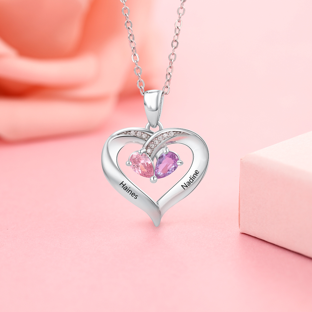 Collar para mujer de corazón 2 nombres y 2 piedras personalizados de plata 925