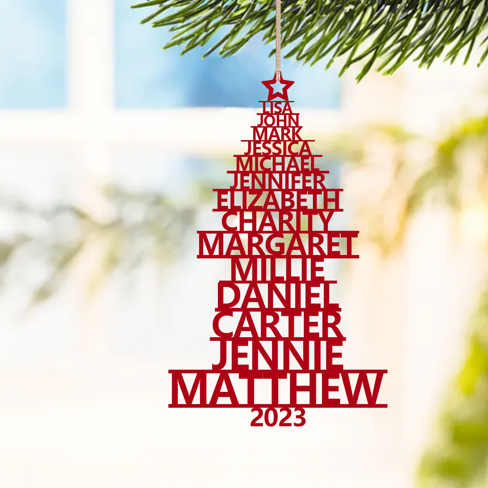 Navidad-Ornamento navideño de madera árbol de nombres con 14 nombres y año personalizados