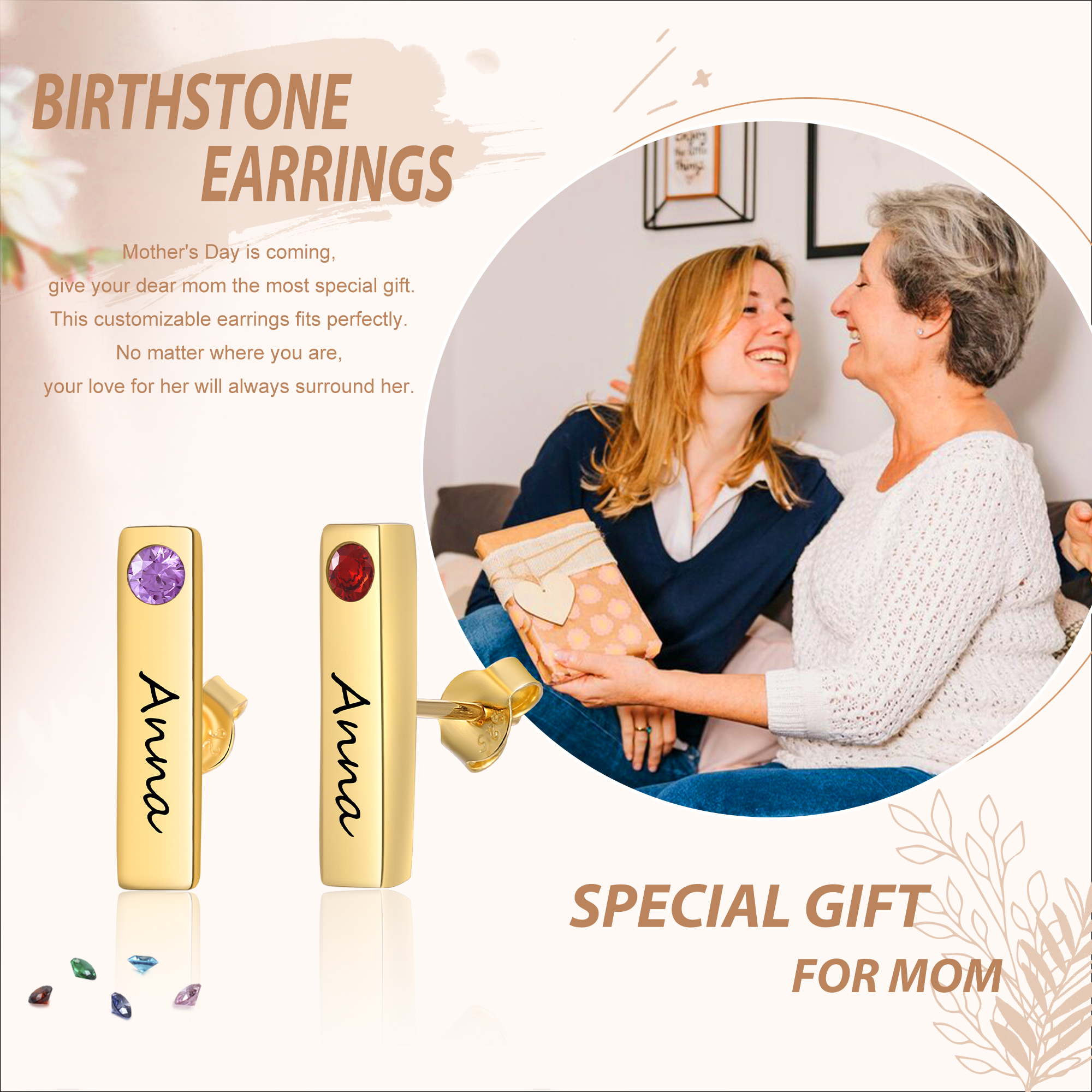 Aretes personalizados con 1 nombre y 2 piedras de nacimiento pendientes-Jessemade ES