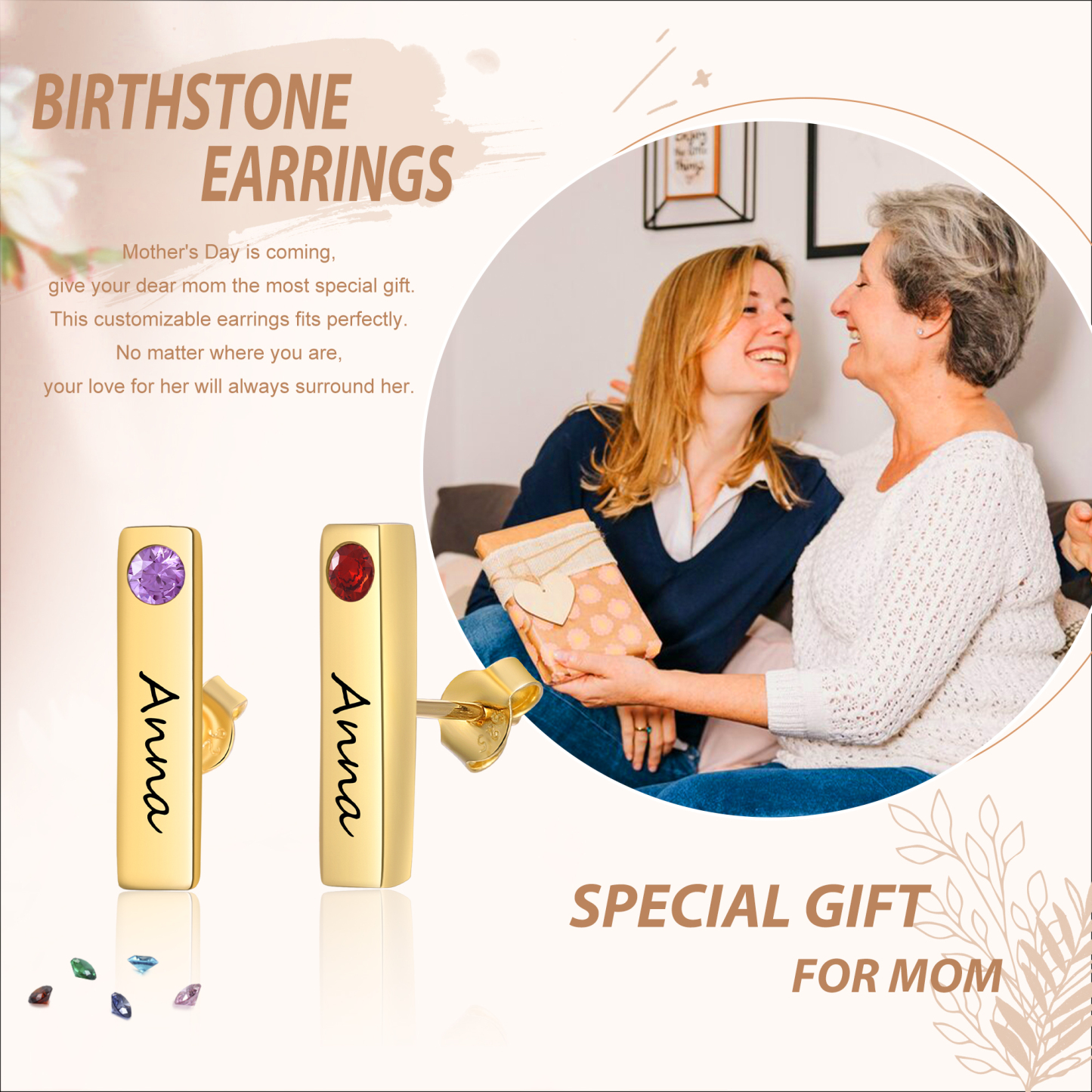 Aretes personalizados con 1 nombre y 2 piedras de nacimiento pendientes-Jessemade ES