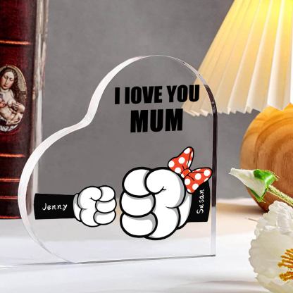 A mi mamá/abuela-Placa de acrílico "Puños" en forma de corazón 2 nombres y 1 texto personalizados-Jessemade ES
