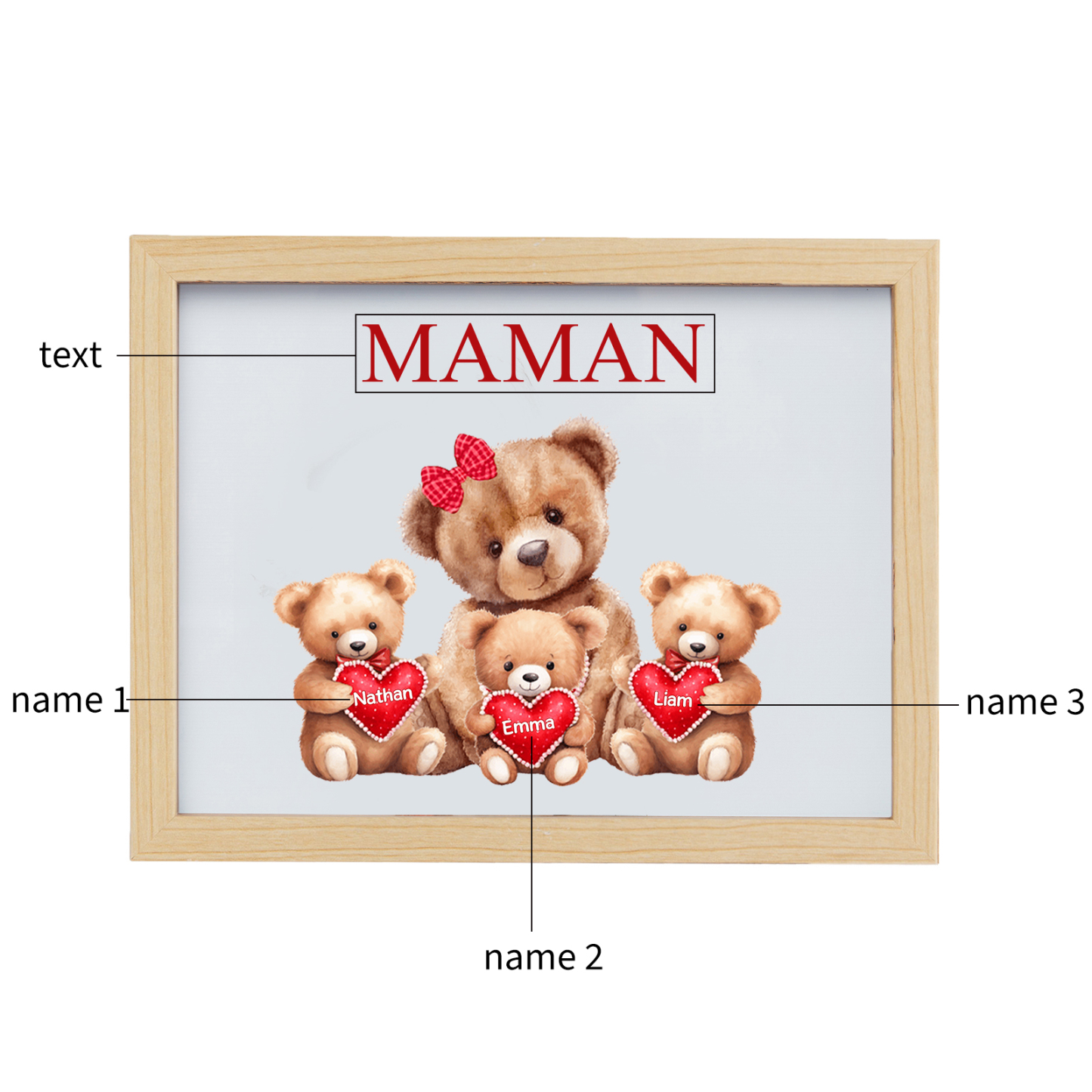 Marco con LED Familia de Osos 1-4 Nombres Personalizados con 1 Texto-Jessemade ES