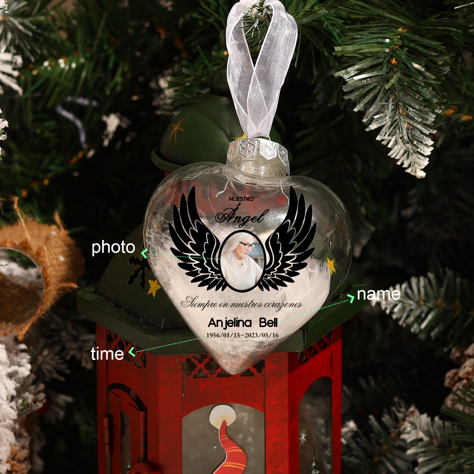 Bola navideña conmemorativa Adorno de Navidad 1 nombre, 1 foto y años personalizados con pluma -Jessemade ES