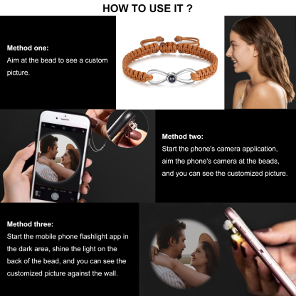 Pulsera con proyección de foto en color con dije de lazo y 3 colores de cuerda ajustable-Jessemade ES