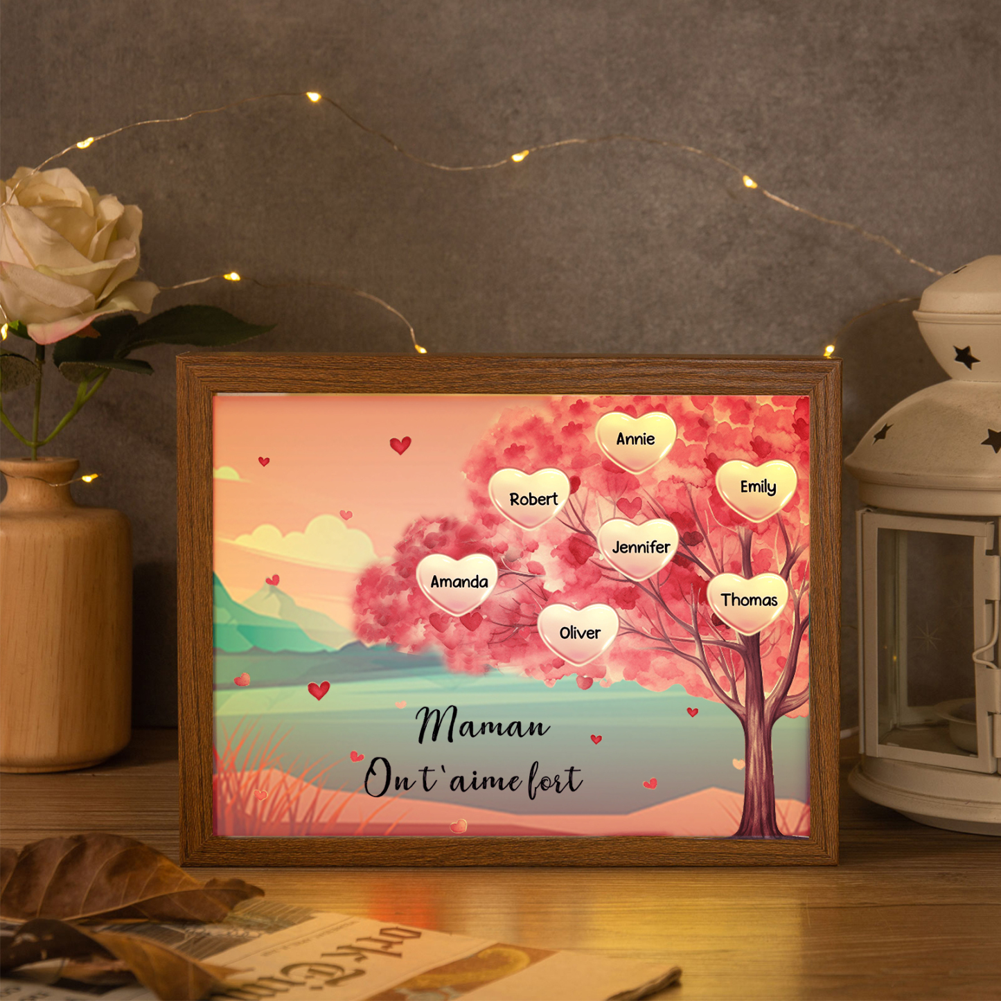 Marco con LED Árbol de la Vida 1-10 Nombres Personalizados con 1 Texto-Jessemade ES