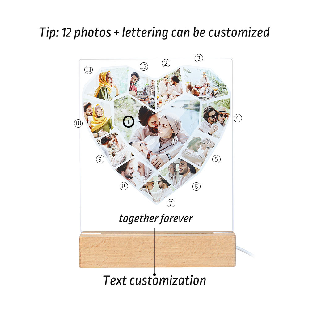 Lámpara 3D Ilusión Luz de noche LED en forma de corazón 12 Fotos con 1 texto