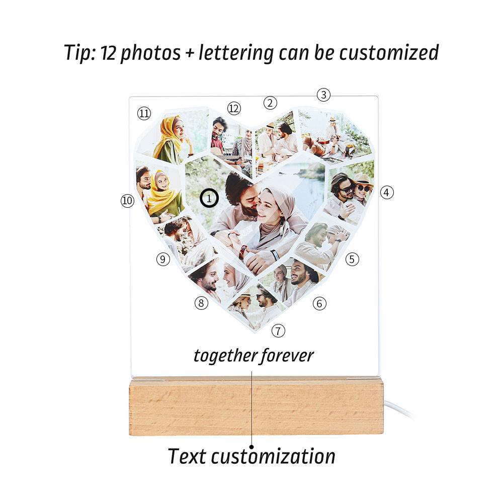 Lámpara 3D Ilusión Luz de noche LED en forma de corazón 12 Fotos con 1 texto