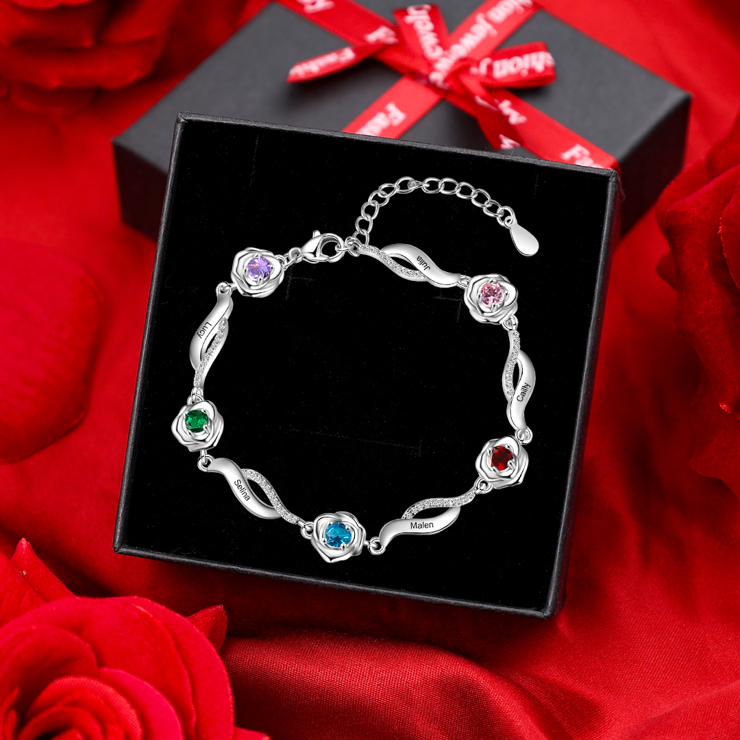 Pulsera Rosa 5 Nombres Personalizados con 5 Piedras de Nacimiento-Jessemade ES