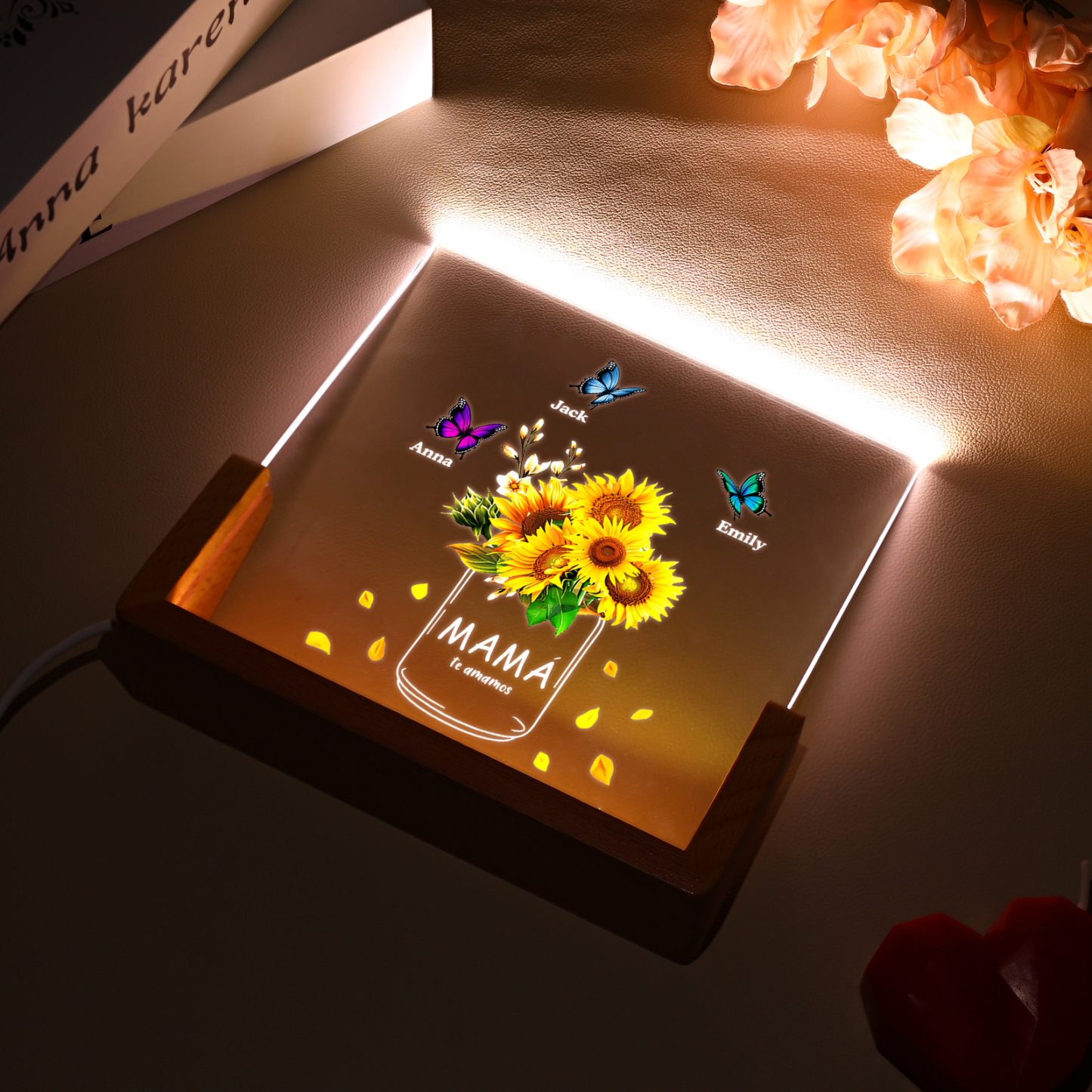 A mi mamá/abuela-Lámpara Personalizada con 2-8 Nombres y 2 Textos "girasol y mariposas" 3D Ilusión Luz de Noche-Jessemade ES