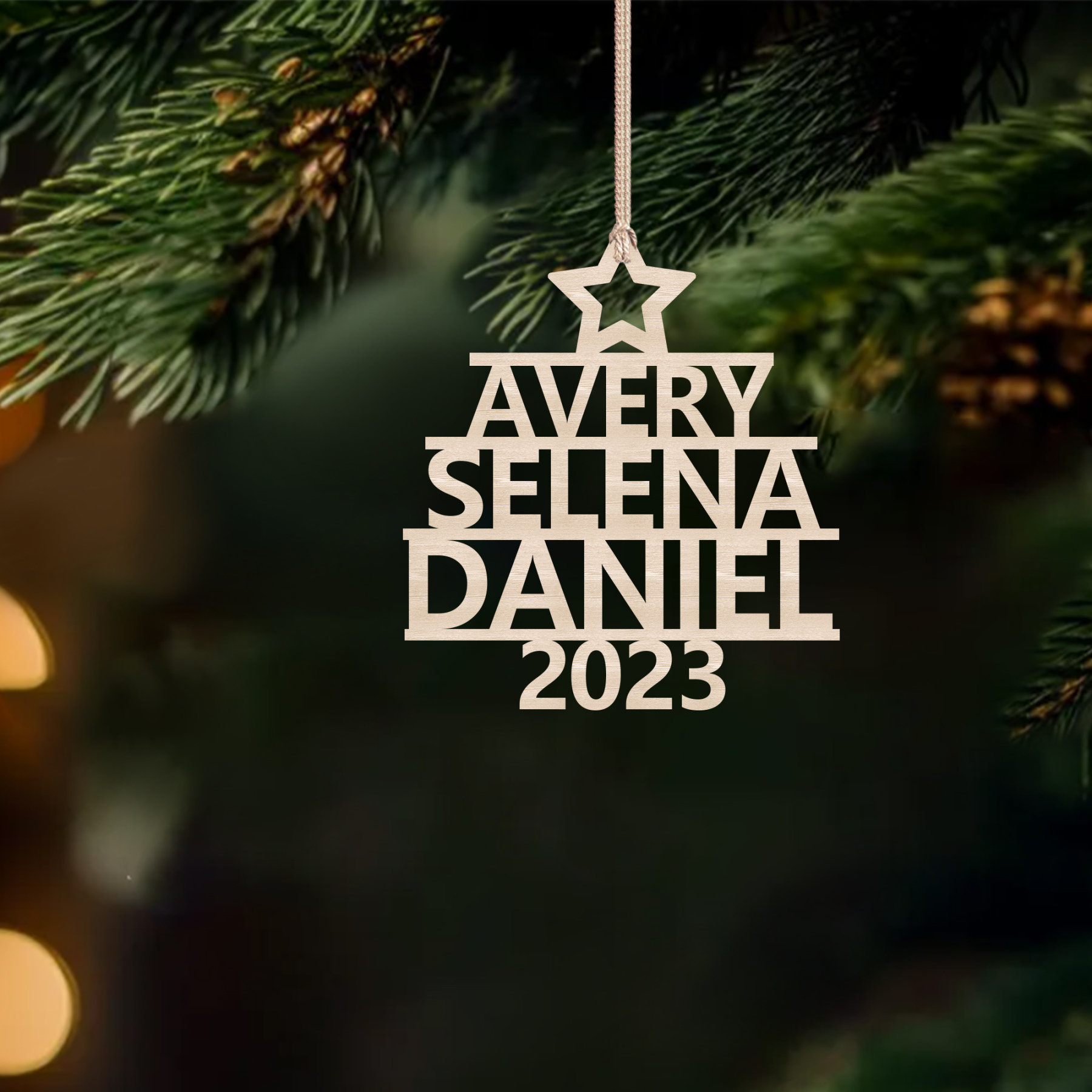 Navidad-Ornamento navideño de madera árbol de nombres con 3 nombres y año personalizados