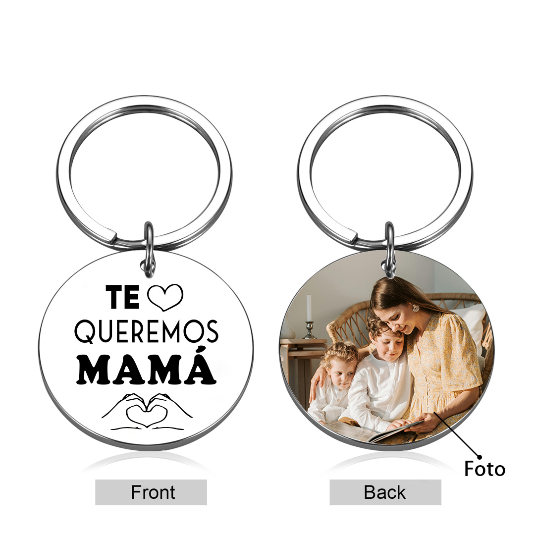A mi mamá - Llavero de placa redonda "te queremos mamá" con 1 foto personalizada-Jessemade ES