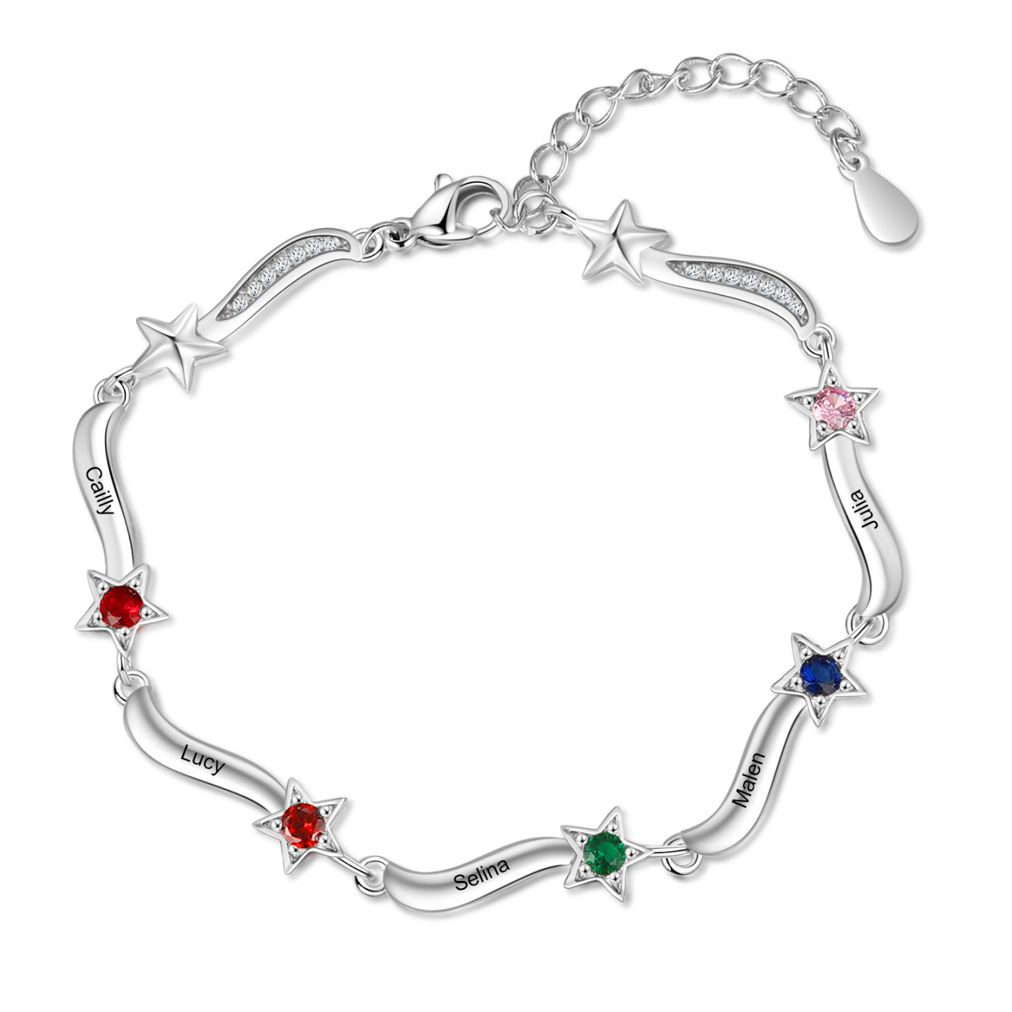 Pulsera Brazalete personalizada de 5 nombres y estrellas con 5 piedras de nacimiento-Jessemade ES