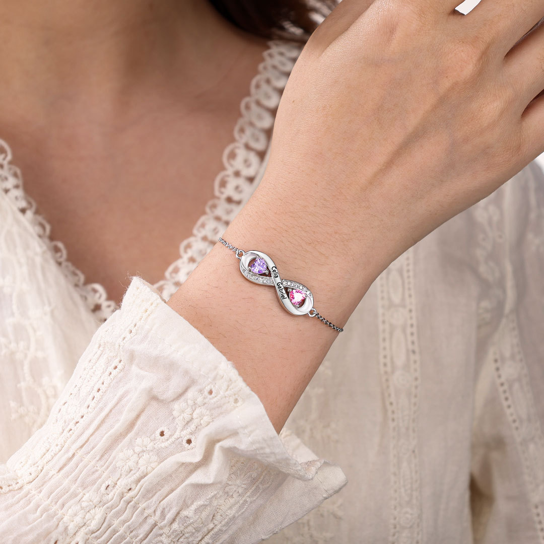Pulsera para mujer de "infinito" con 2 nombres personalizados y 2 piedras de nacimiento | Jessemade