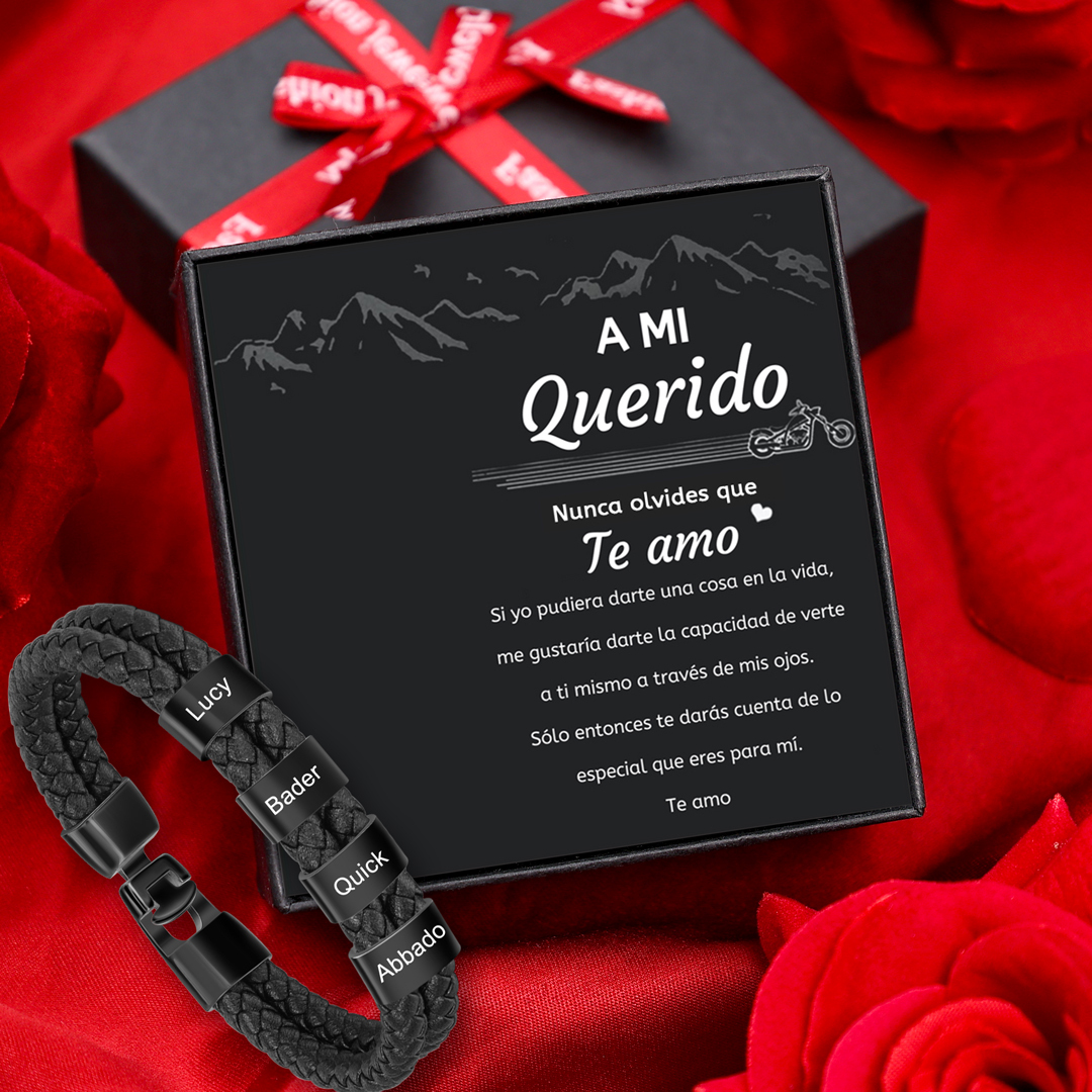 A mi querido-Pulsera de cuero trenzado 4 aros con 4 nombres personalizados pulsera de hombre -Jessemade ES
