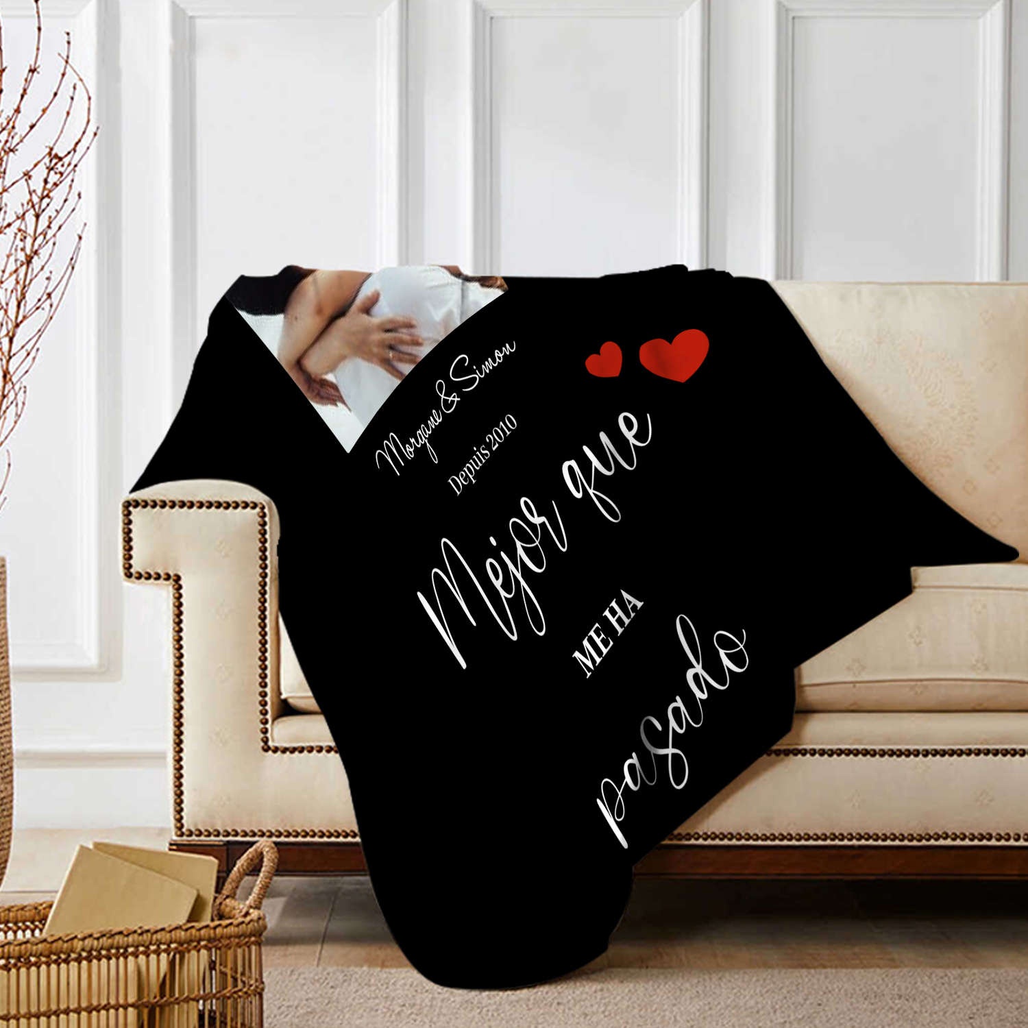 Pareja-Manta de buen calidad de foto personalizada con 2 textos-Jessemade ES