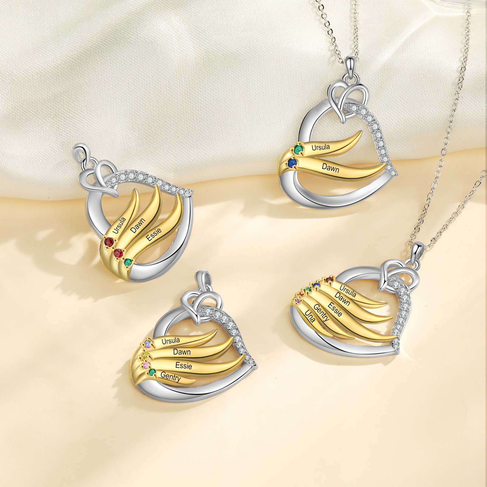 Collar en corazón con 2-5 nombres personalizados y 2-5 piedras de nacimiento-Jessemade ES