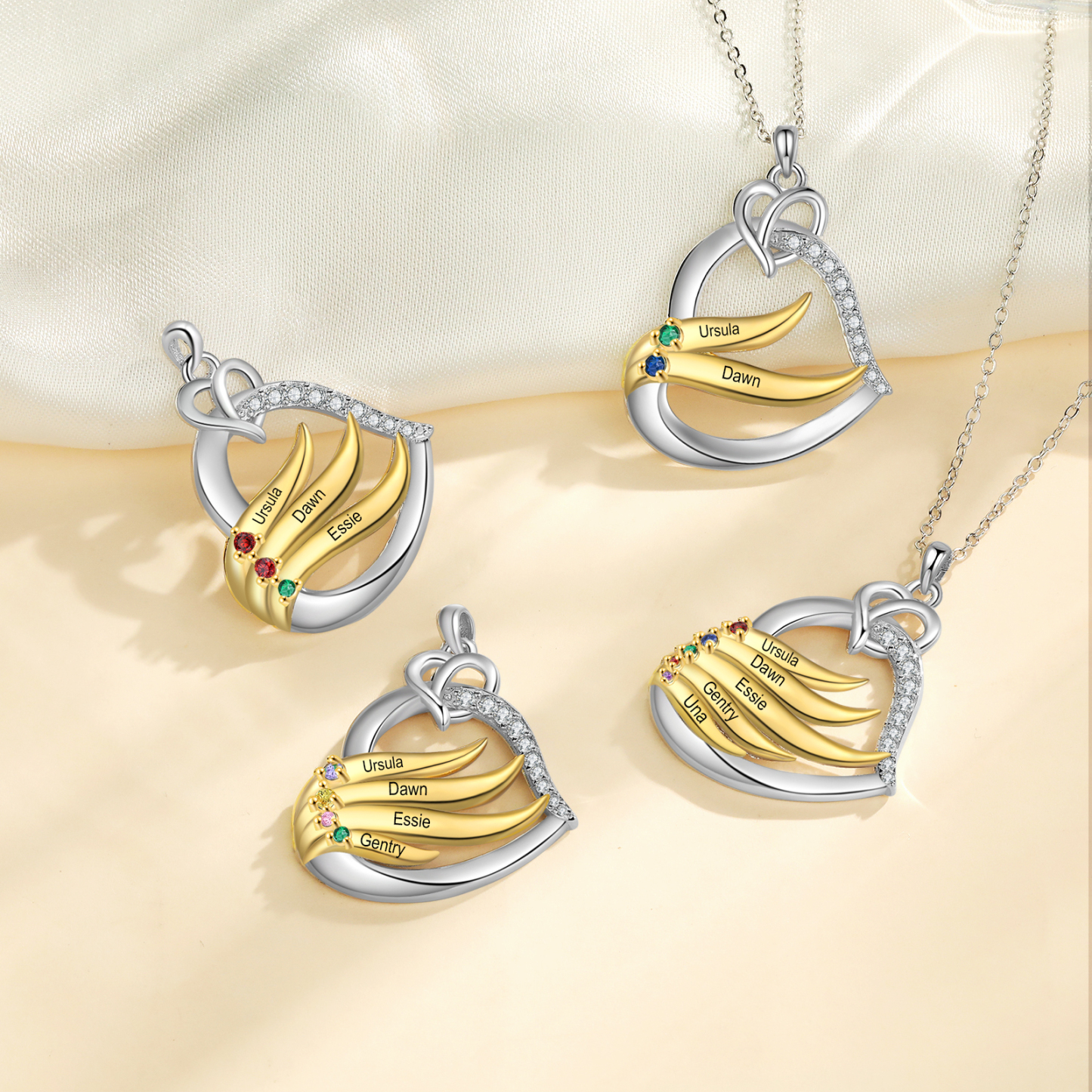 Collar en corazón con 2-5 nombres personalizados y 2-5 piedras de nacimiento-Jessemade ES