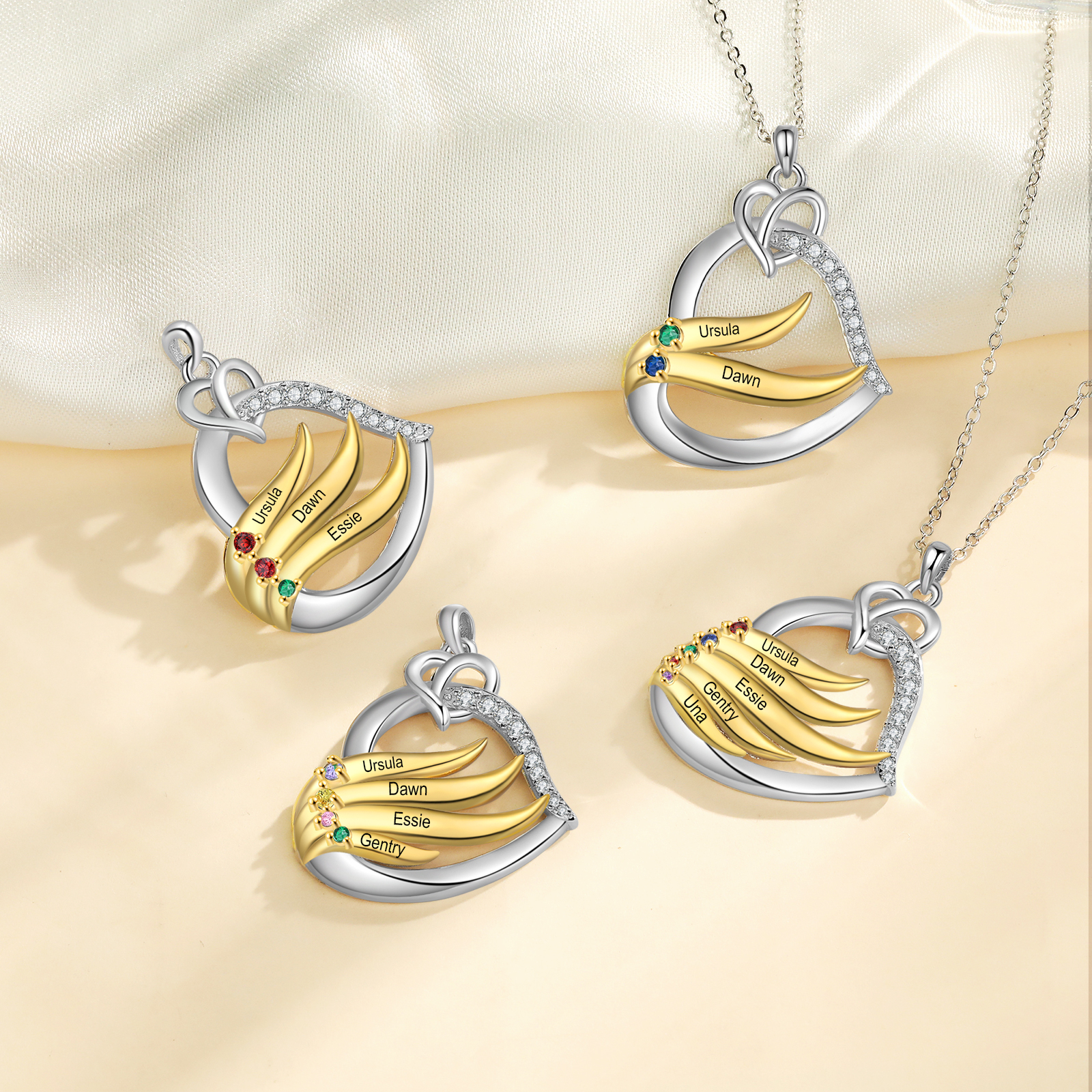 Collar en corazón con 2-5 nombres personalizados y 2-5 piedras de nacimiento-Jessemade ES