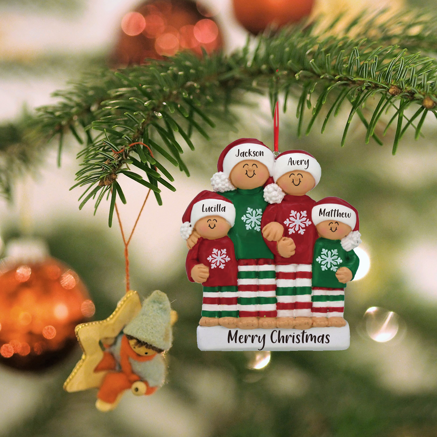 Ornamento muñecos navideño de madera 4 nombres y 1 texto personalizados adorno del árbol