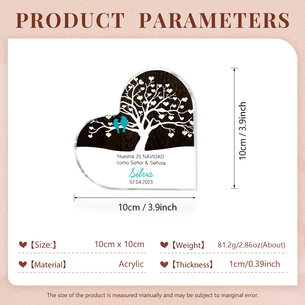 Navidad-Placa de acrílico en forma de corazón aniversario de navidad con número, fecha y apellido personalizados-Jessemade ES