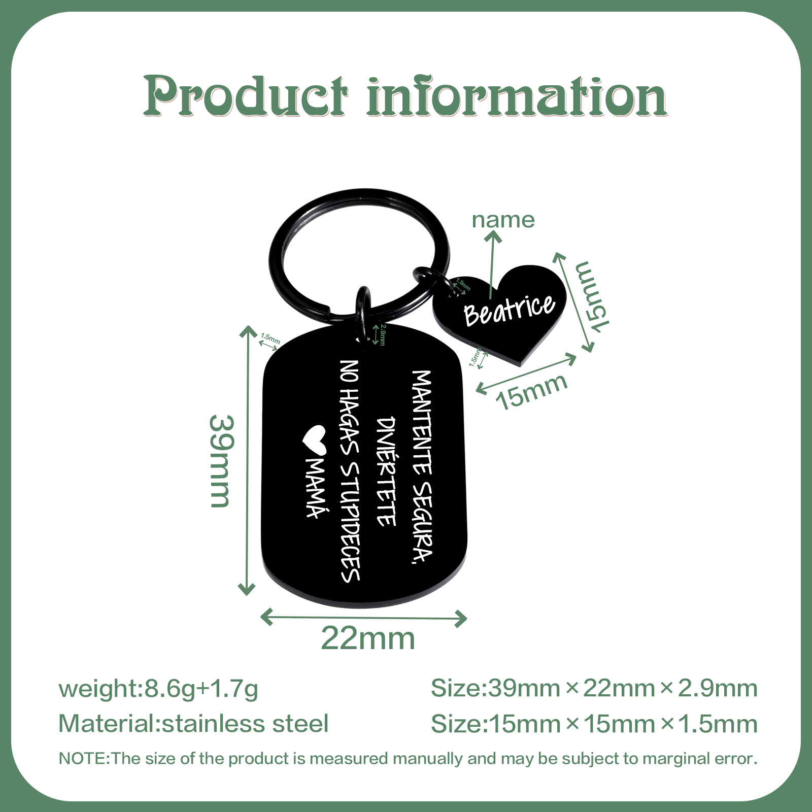 Llavero de placa "MANTENTE SEGURA, DIVIÉRTETE, NO HAGAS STUPIDECES" a hija de padres 1 nombre personalizado-Jessemade ES