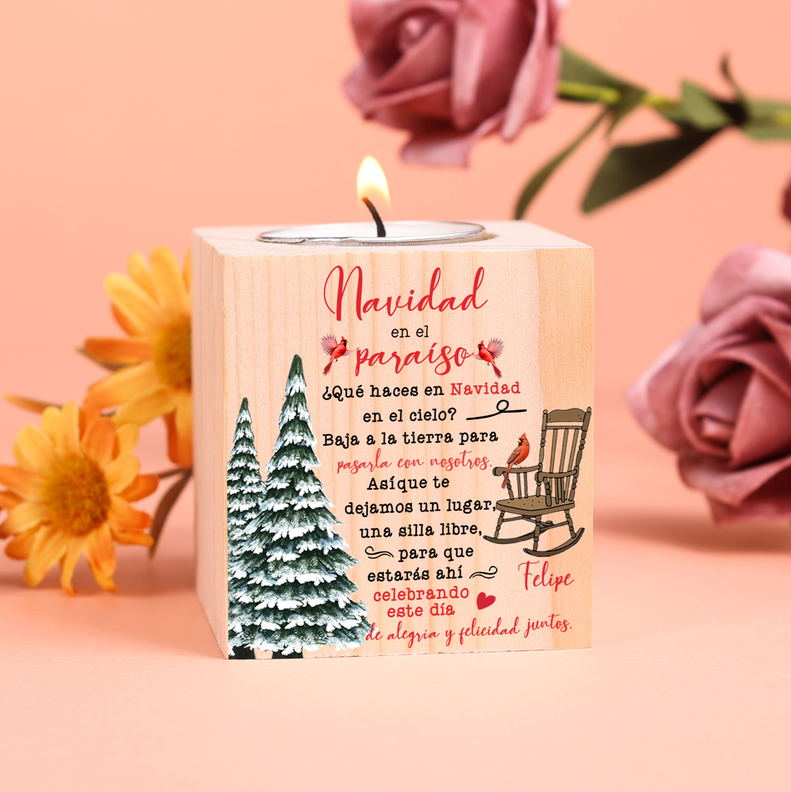 Navidad en el paraíso-Candelero en memoria de ser querido personalizado con nombre de madera sin vela-Jessemade ES