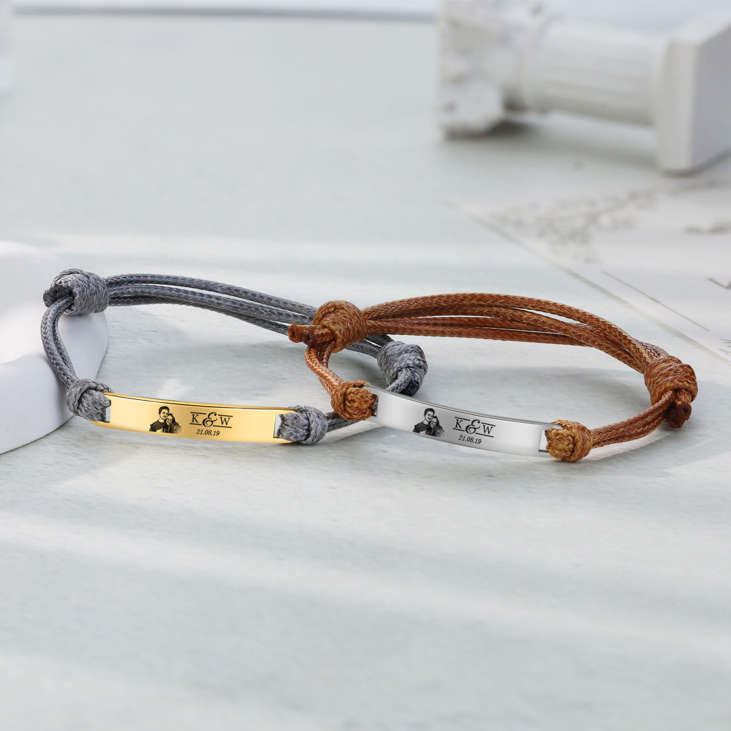 Pulseras de cuerda con placa personalizada con 2 letras, fecha y foto-Jessemade ES